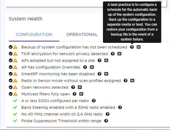 System Health widget displaying best practice compliance for the network. System Health widget displaying best practice compliance for the network.